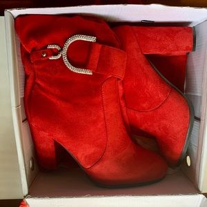 Red suede boots with rhinestone buckle!